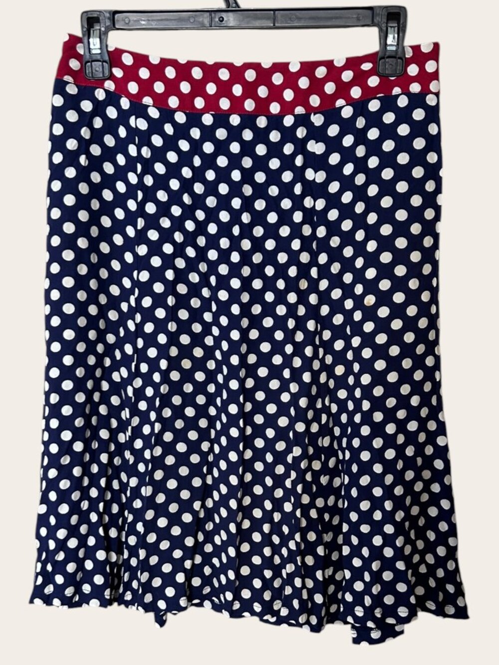 Boden Navy Polka Dot Flared Midi Skirt Red Contrast Waistband Size 10R